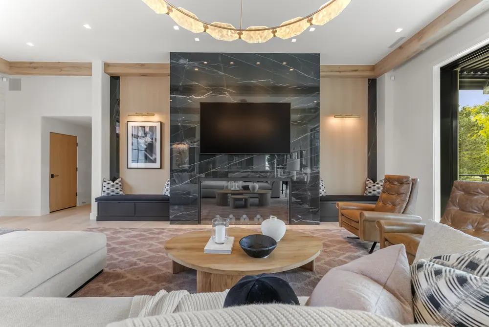 Floor-to-ceiling stone fireplace wall, Cherry Hills Village residence