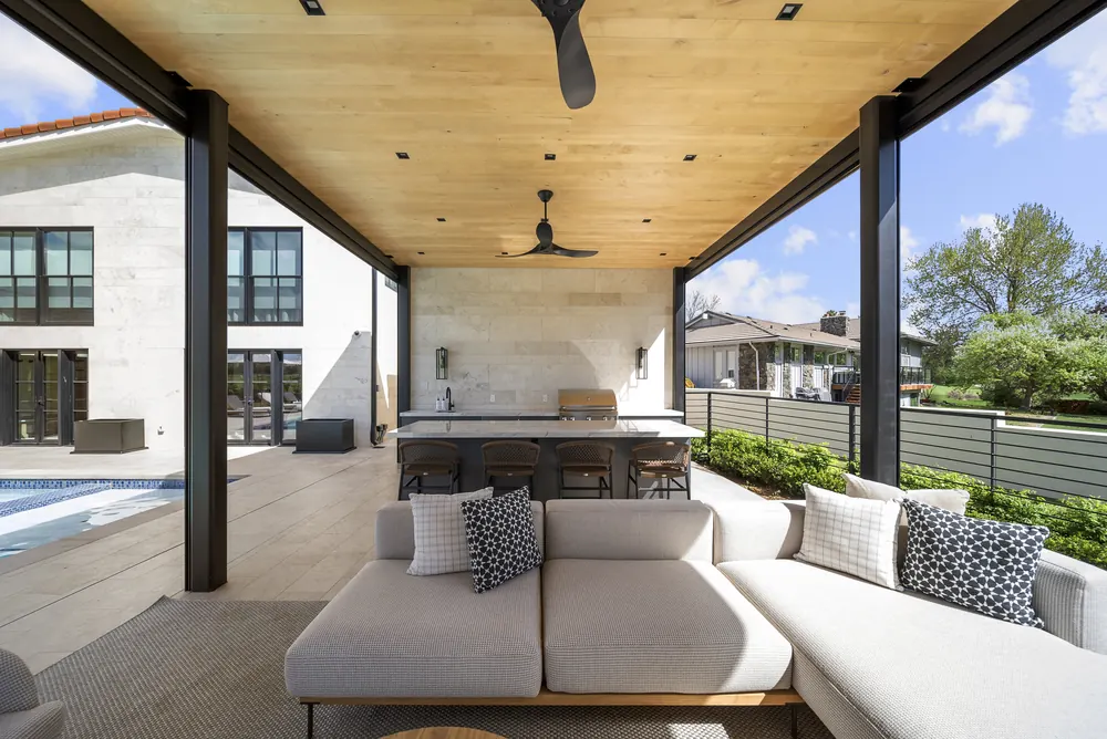 Outdoor fireplace surround and stone floor, Cherry Hills Village residence